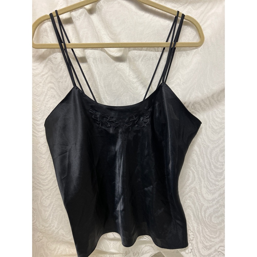 Kathy Ireland Intimates Black Satin Camisole Embroidered Spaghetti‎ Strap Large